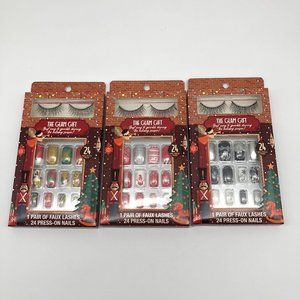 The Glam Gift Faux Lashes & Press-On Nails Set (3) Gold Red Silver NEW Christmas
